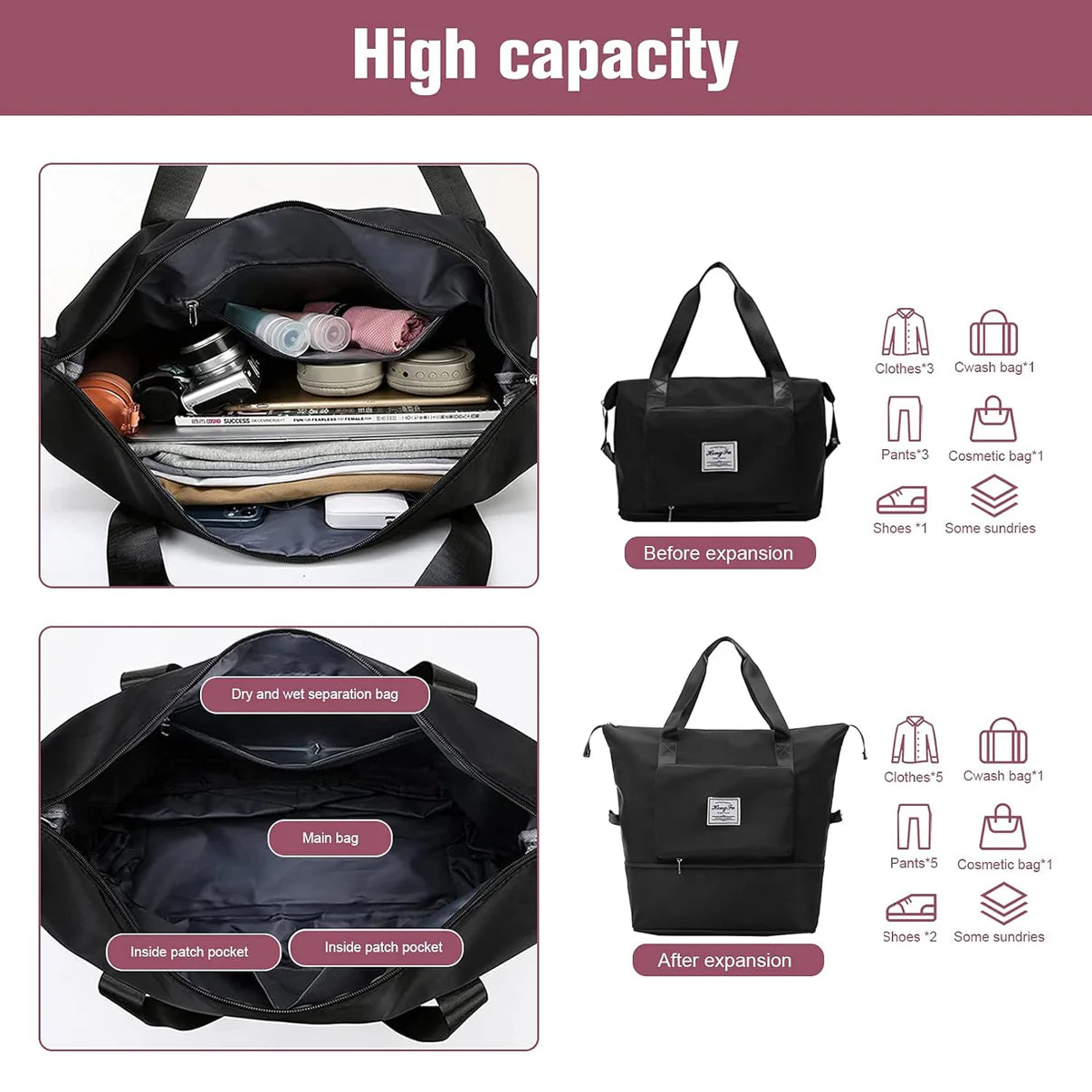 Foldable Travel Duffel Bag With Pocket